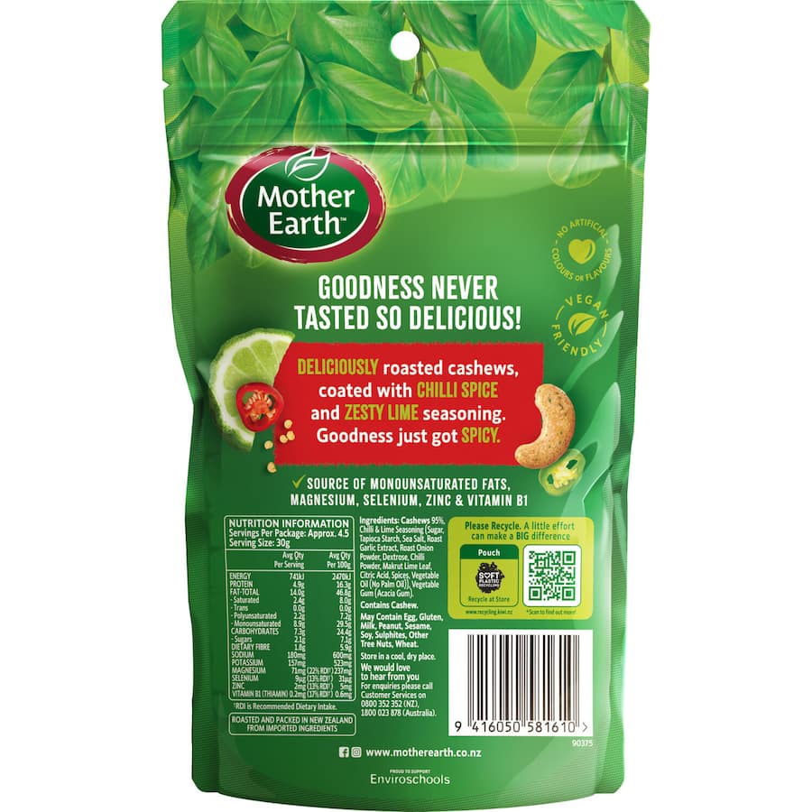 A resealable bag of Mother Earth Premium Nut Chilli & Lime, featuring crunchy nuts with zesty lime and spicy chili flavor.