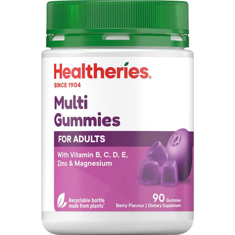 Colorful Healtheries Multi-vitamins Adult Gummies in berry flavor, promoting wellness with essential vitamins for busy adults.
