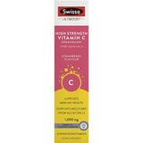 Effervescent strawberry-flavored Vitamin C supplement for immune support, skin health, and iron absorption.