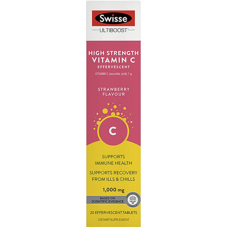 Effervescent strawberry-flavored Vitamin C supplement for immune support, skin health, and iron absorption.