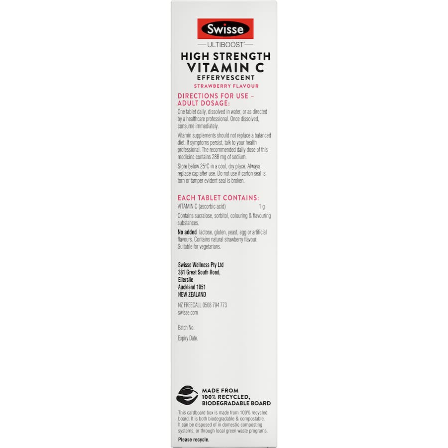 Effervescent Vitamin C tablet in strawberry flavor, boosting immunity and promoting skin health while enhancing iron absorption.