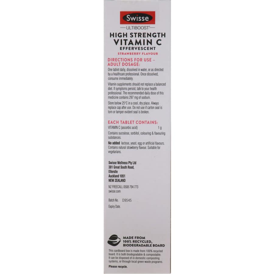 Swisse Ultiboost Effervescent Vitamin C tablets in strawberry flavour for immune support and skin health.