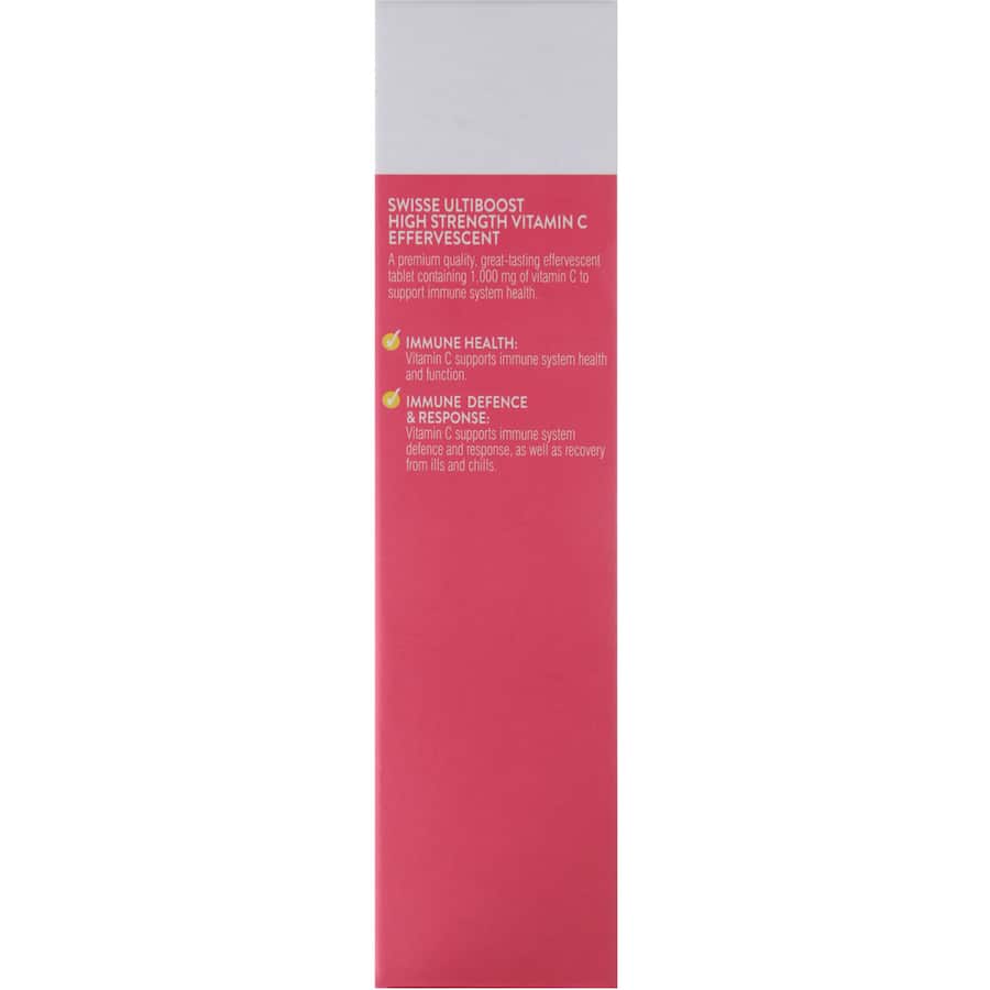 Swisse Ultiboost Effervescent Vitamin C in strawberry flavor, promoting immune support and skin health with high-strength antioxidants.