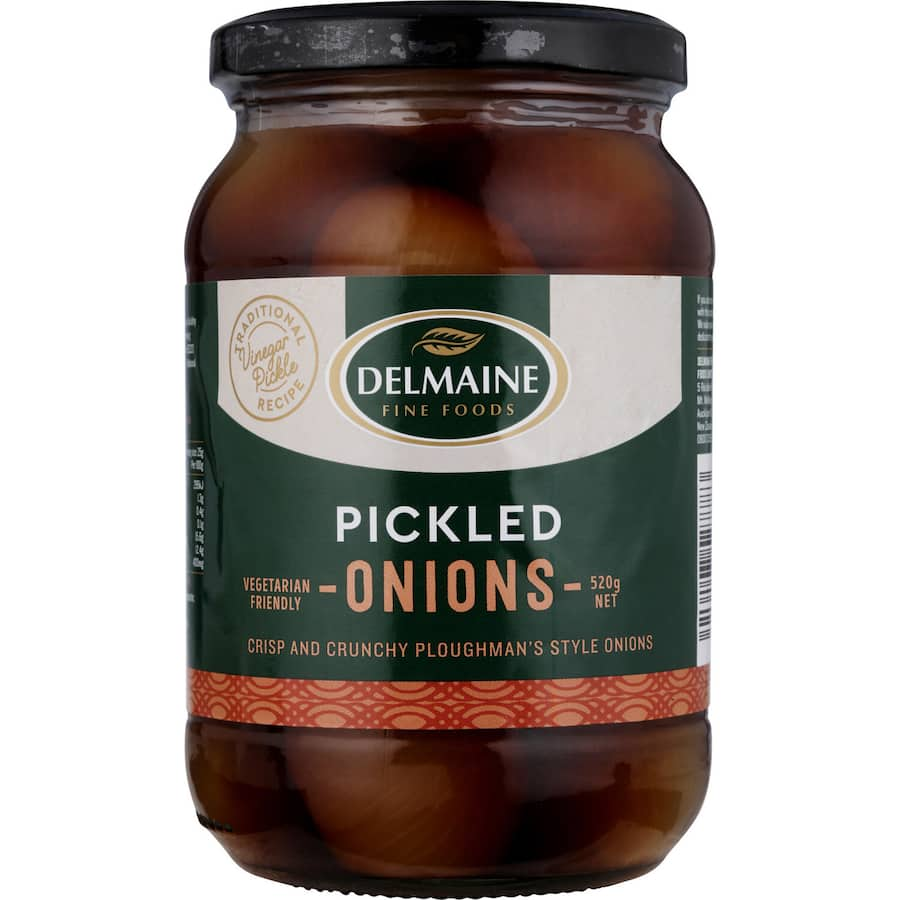 Jar of Delmaine Pickled Onions featuring large, crunchy onions in a dark sweet and sour marinade, ideal for enhancing meals.