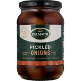 Jar of Delmaine Pickled Onions featuring large, crunchy onions in a dark sweet and sour marinade, ideal for enhancing meals.