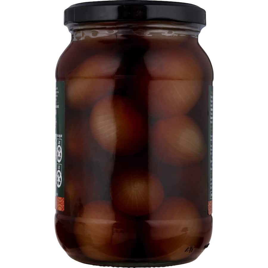 Delmaine Pickled Onions in a jar, featuring large crunchy onions in dark sweet and sour marinade, perfect for meals and charcuterie.