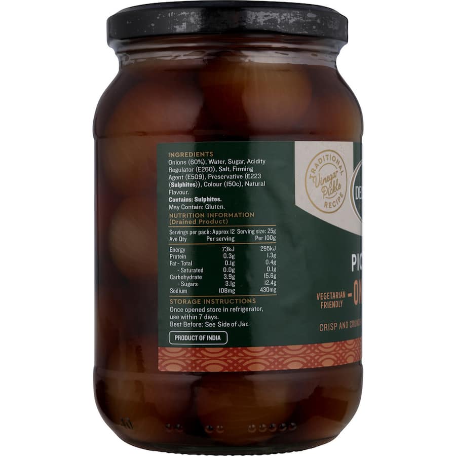 Delmaine Pickled Onions in a jar, featuring large crunchy onions in dark sweet and sour marinade, perfect for meals and appetizers.