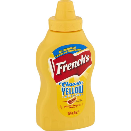 Classic Yellow French's Mustard bottle, perfect for enhancing hot dogs, burgers, and sandwiches with its tangy flavor.