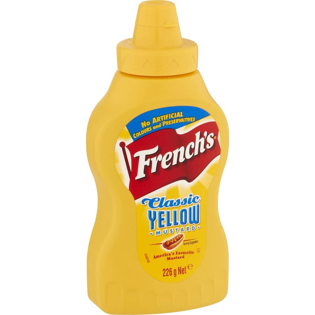 Classic Yellow French's Mustard bottle, perfect for enhancing hot dogs, burgers, and sandwiches with its tangy flavor.