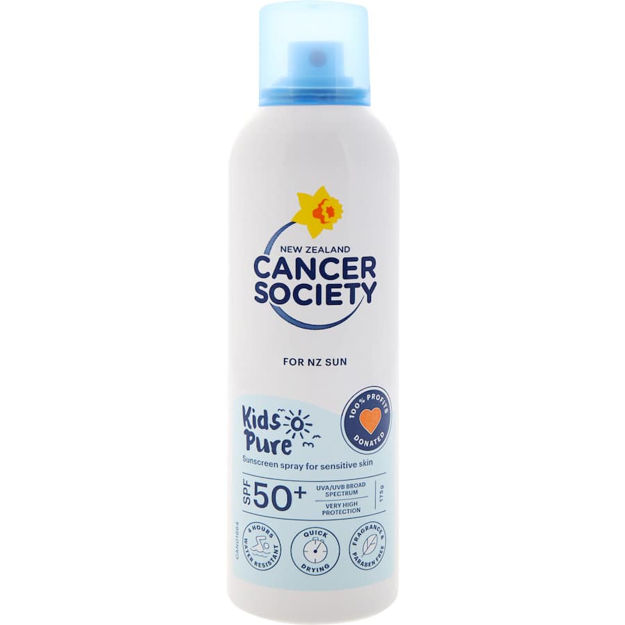 Fragrance-free SPF 50+ sunscreen spray for kids, offering broad-spectrum protection and water resistance for sensitive skin.