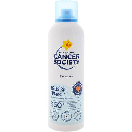 Fragrance-free SPF 50+ sunscreen spray for kids, offering broad-spectrum protection and water resistance for sensitive skin.