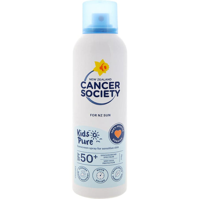 Fragrance-free SPF 50+ sunscreen spray for kids, offering broad-spectrum protection and water resistance for sensitive skin.