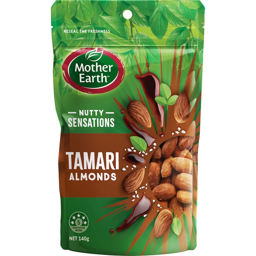 Tamari-flavored roasted almonds offering rich umami taste, healthy fats, and protein; perfect for snacking or toppings.