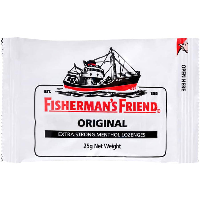 Fisherman's Friend Lozenges Original in a resealable pack, featuring eucalyptus and menthol for soothing throat relief.