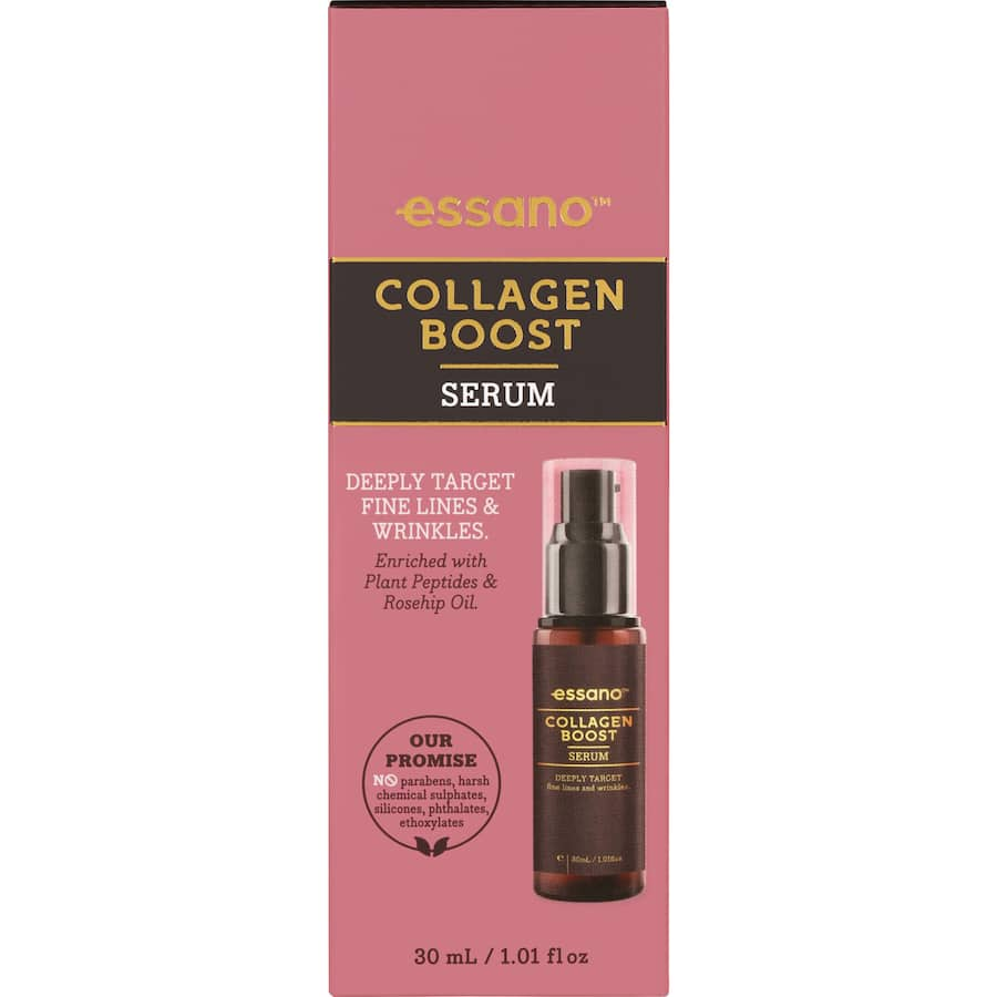 Essano Collagen Boost Serum, enriched with organic rosehip oil and plant peptides for youthful, radiant skin.