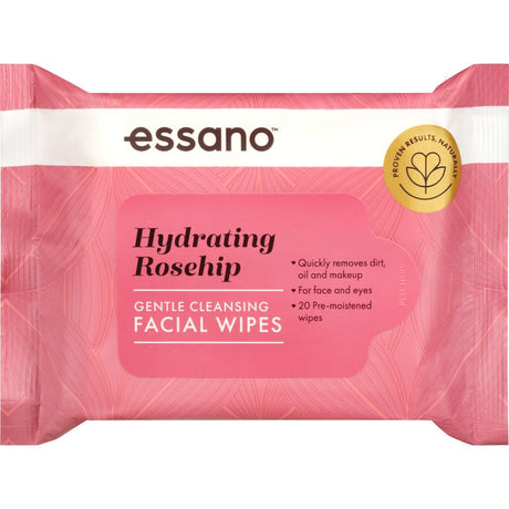 Essano Facial Wipes: gentle cleansing wipes with rosehip oil, aloe vera, and green tea for refreshing, on-the-go skincare.