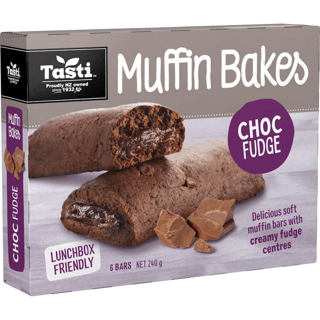 Decadent Tasti Muffin Bakes Choc Fudge bars with creamy fudge filling, perfect for snacks or desserts.