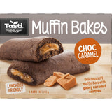 Delicious Tasti Muffin Bakes Cake Bars featuring rich chocolate and creamy caramel, perfect for any snack or dessert time.