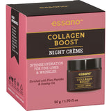 Essano Night Cream Collagen Boost: Anti-aging cream with plant peptides and rosehip oil for youthful, hydrated skin.