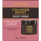 Essano Night Cream Collagen Boost rejuvenates skin overnight with plant peptides and organic rosehip oil for youthful radiance.