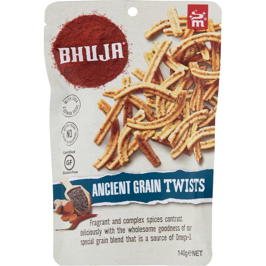 Crunchy Majans Snack Mix Bhuja Twists made from ancient grains, packed with omega-3s and exotic spices, perfect for healthy snacking.