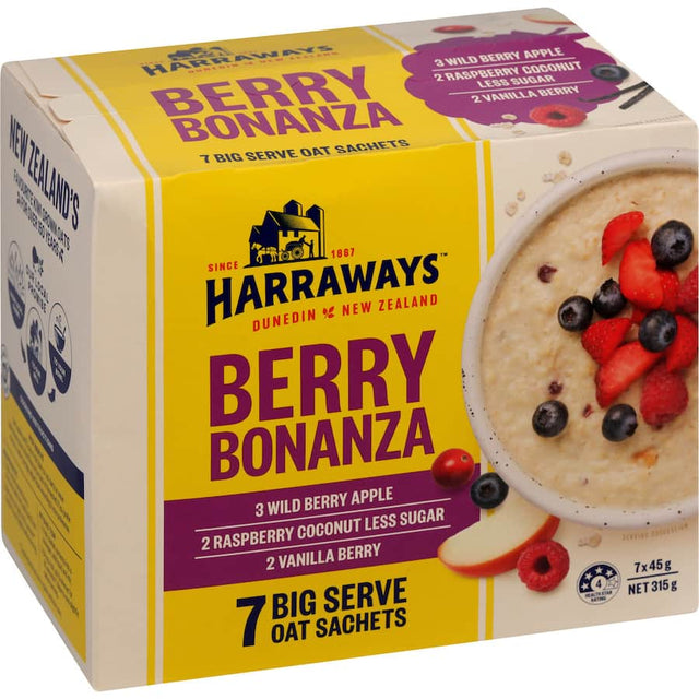 A pack of Harraways Oats Berry Bonanza showcasing Kiwi-grown oats with a mix of berry flavors in compostable sachets.