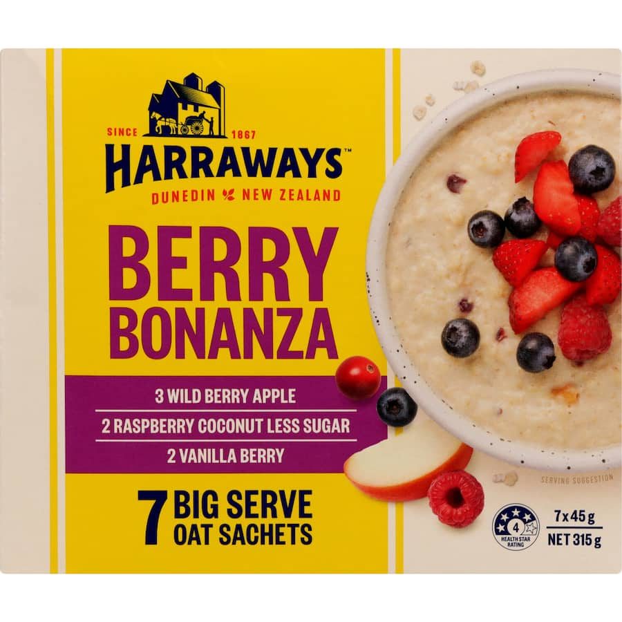 Harraways Oats Berry Bonanza sachets feature Kiwi oats with wild berry flavors, ready in 90 seconds, eco-friendly packaging.