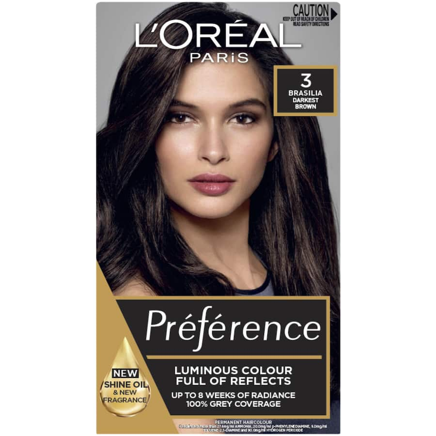 L'Oreal Paris Preference Hair Colour Brasilia 3: vibrant, nourishing dye offering up to 8 weeks of rich color and perfect grey coverage.