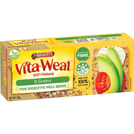 Arnotts Vita Weat Crispbread featuring 9 grains, rich in fiber and linseed, perfect for healthy snacking or topping.