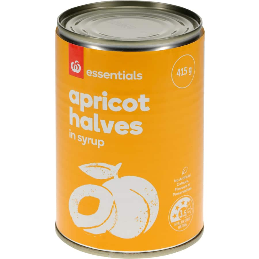 Can of Essentials Apricots in Syrup, featuring juicy apricots in rich syrup, perfect for baking or adding to yogurt.