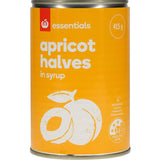 Canned Essentials Apricots in Syrup, 415g, featuring sweet, high-quality apricots preserved in rich syrup for versatile use.