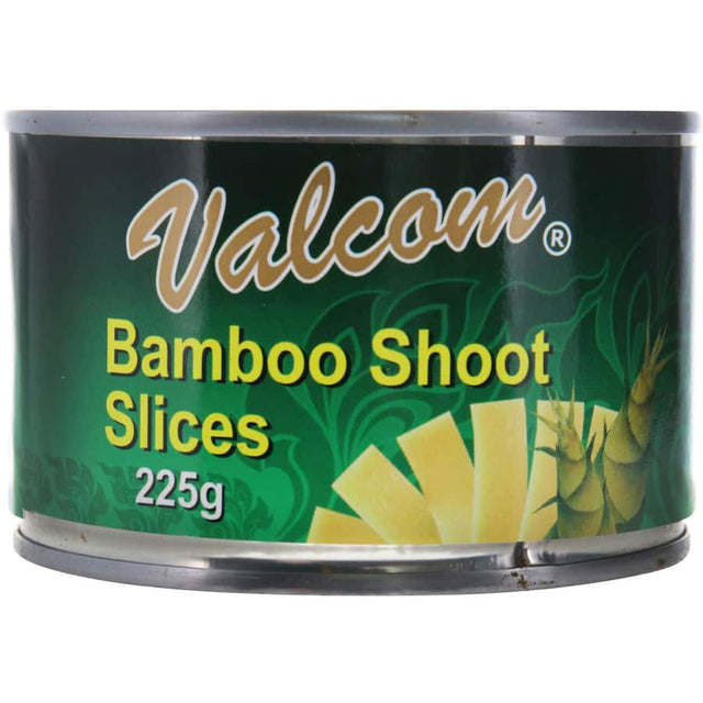 Canned Valcom Asian Vege Bamboo Shoots, fresh and crunchy, ideal for stir-fries, soups, and spring rolls.