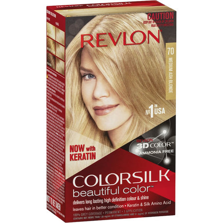 Revlon Hair Colour 70 Ash Blonde offers long-lasting, multi-dimensional color with nourishing keratin and 3D Colour Gel Technology.