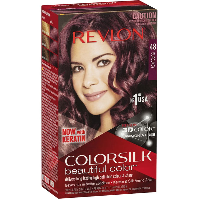 Luxurious Revlon Hair Colour 48 Burgundy with 3D Colour Gel Technology for vibrant, multi-dimensional results and healthy shine.