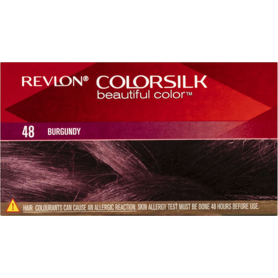 Revlon Hair Colour 48 Burgundy box showcasing vibrant, multi-dimensional hues and nourishing ingredients for healthier hair.