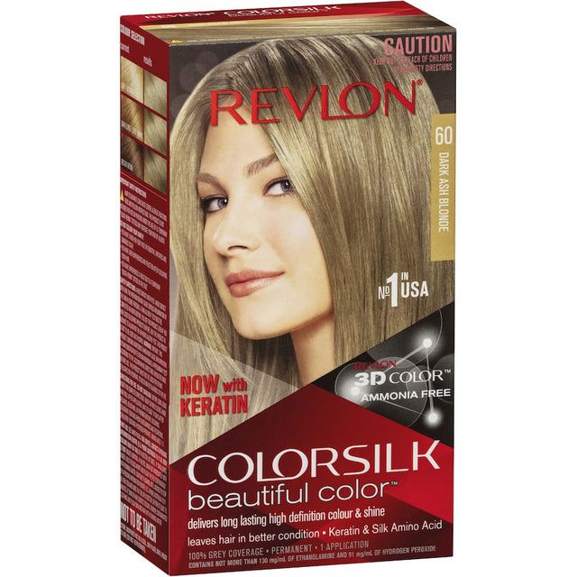 Revlon Colour Silk Hair Colour 60 Dark Ash Blonde: ammonia-free hair dye for natural-looking, multi-dimensional dark ash blonde color.