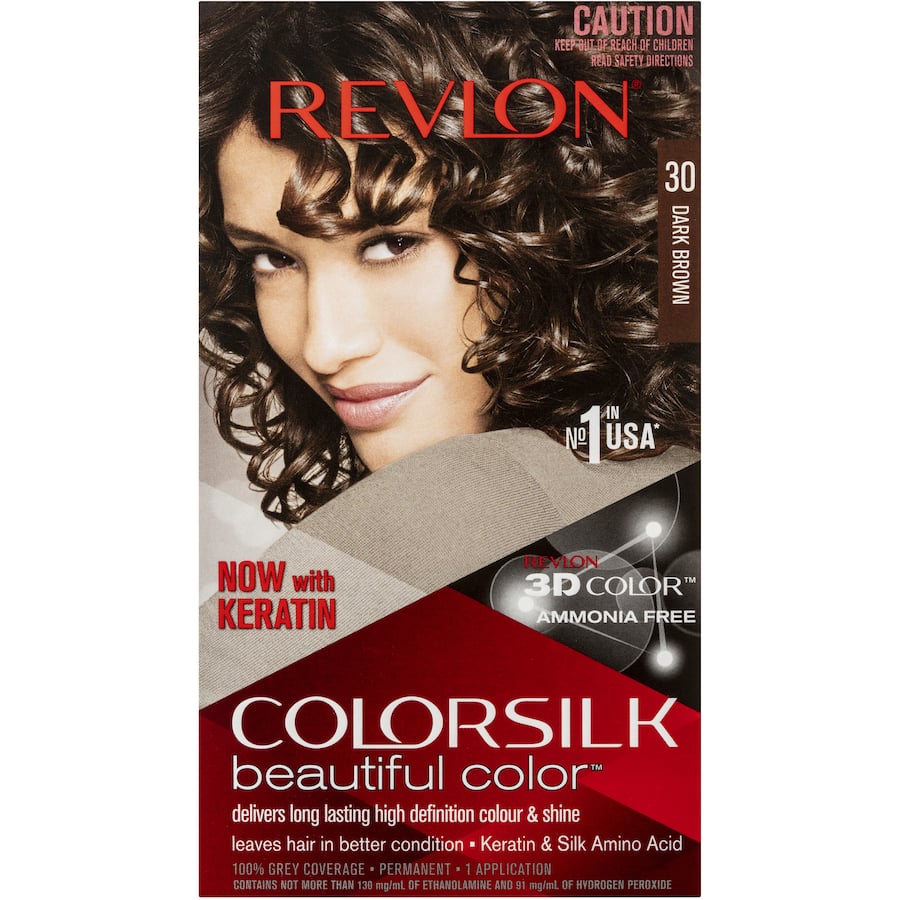 Revlon Hair Colour 30 Dark Brown showcases rich, multi-dimensional color with 100% grey coverage and nourishing keratin for healthy hair.