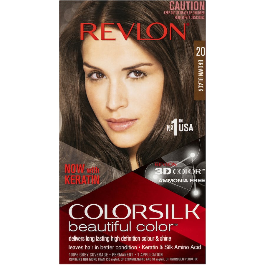 Revlon Hair Colour 20 Black Brown offers vibrant, multi-dimensional color with 100% grey coverage and nourishing keratin for shiny hair.