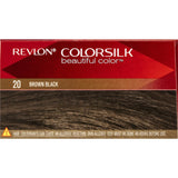 Revlon Hair Colour 20 Black Brown showcases rich, multi-dimensional color with keratin for shiny, healthy hair and 100% grey coverage.