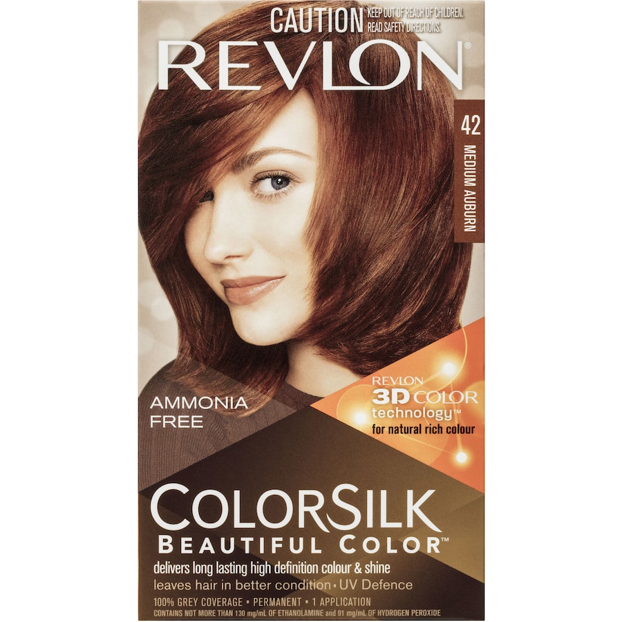 Revlon Hair Colour 42 Medium Auburn showcases rich, multi-tonal auburn hues with keratin for healthier, shiny hair.