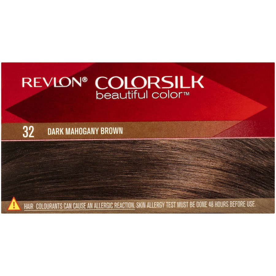 Revlon Hair Colour 32 Dark Mahogany Brown box showcasing vibrant, multi-dimensional hair color with nourishing ingredients.