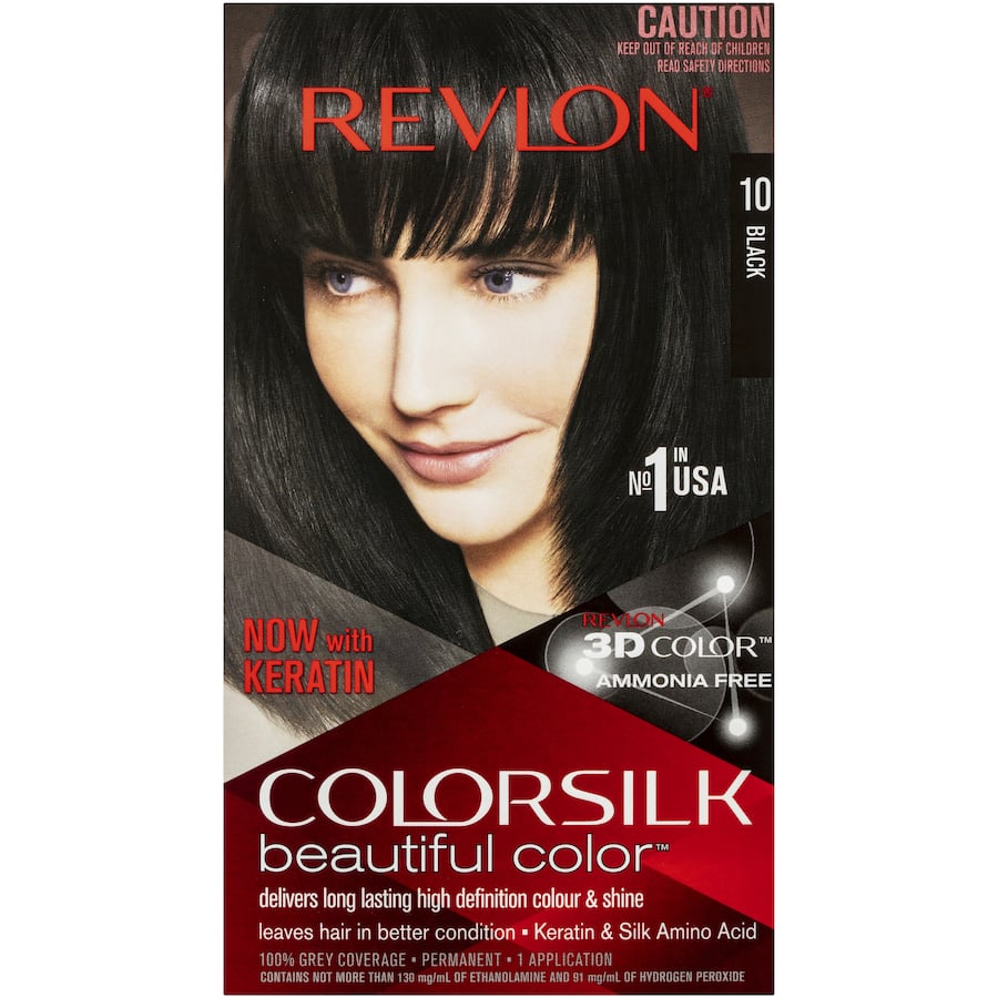 Revlon Hair Colour 10 Black bottle showcasing ammonia-free formula for vibrant, multi-dimensional black hair with keratin infusion.