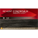 Revlon Hair Colour 10 Black: ammonia-free dye with 3D color gel, enriching hair for multidimensional black, 100% grey coverage.