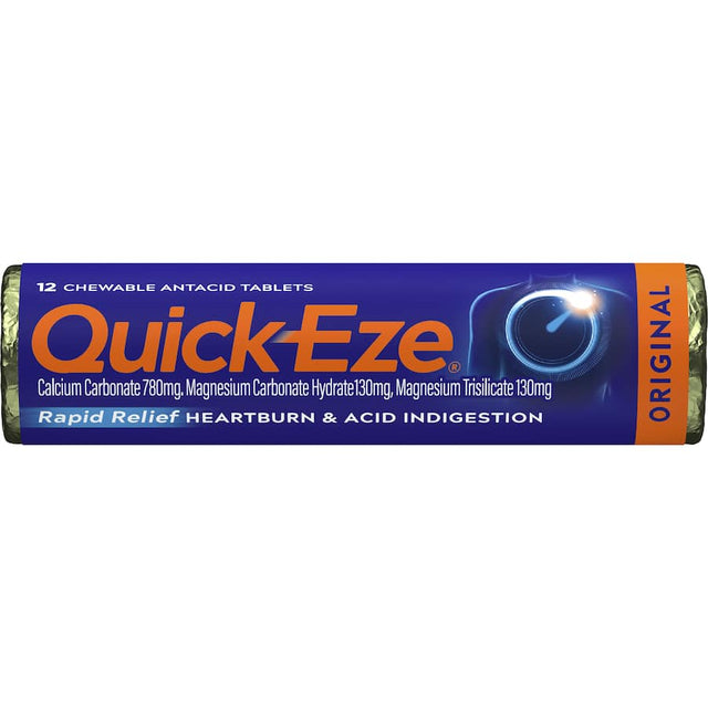 Quick Eze Antacid Original 12 Tablets for rapid heartburn relief, featuring a portable pack and natural ingredients.