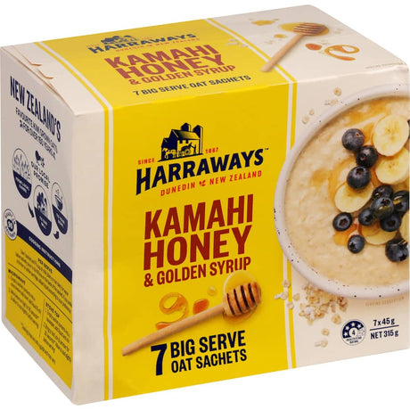 Harraways Oats Kamahi Honey sachets: quick, hearty oats with New Zealand honey, eco-friendly packaging, ready in 90 seconds.