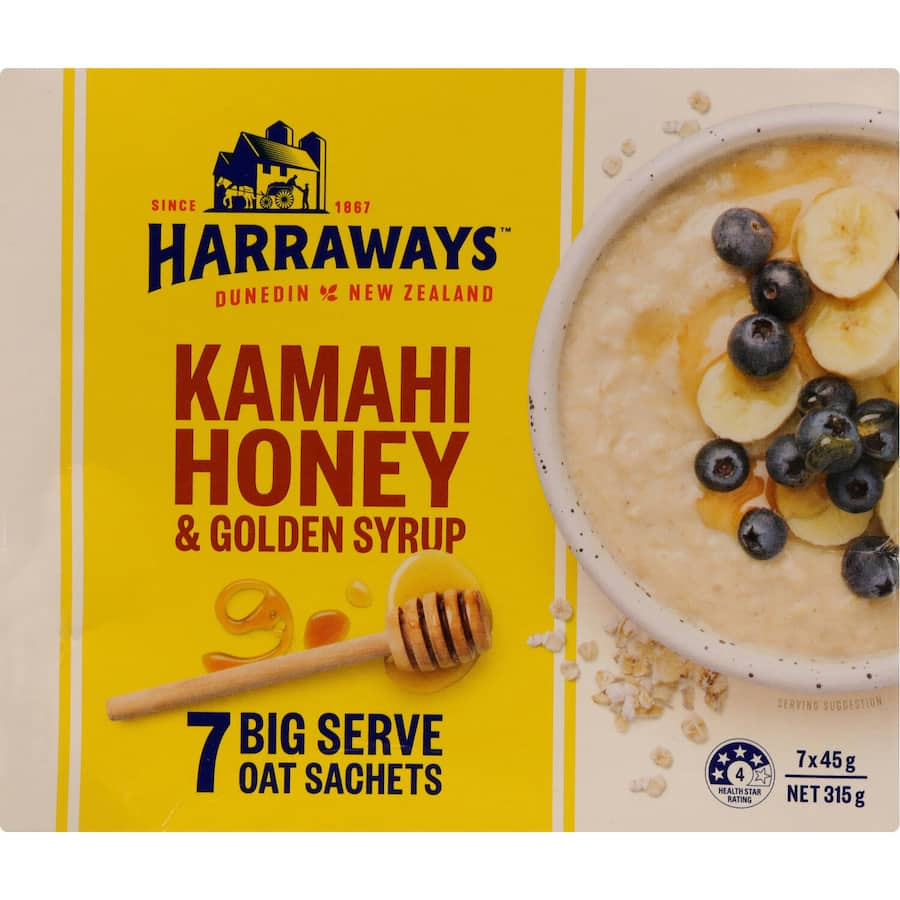 Harraways Oats Kamahi Honey sachets featuring South Island oats and authentic Kamahi honey, eco-friendly and quick-cooking.