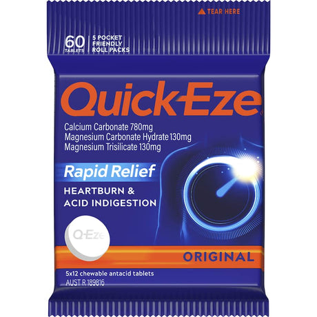 Quickeze Original Antacid multipack with 5x12 effervescent tablets, providing rapid relief from heartburn and indigestion.