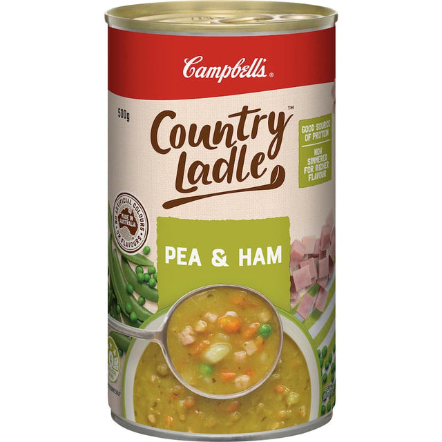 Canned Campbell's Country Ladle Soup Pea & Ham, featuring split peas, ham, and vegetables, 99% fat-free and fiber-rich.