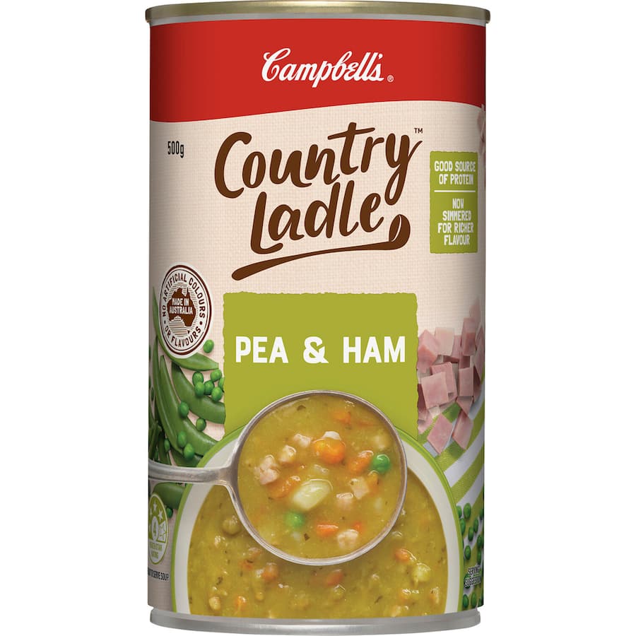 Campbell's Country Ladle Soup Pea & Ham in a can, featuring split peas, smoked ham, and vegetables, 99% fat-free and fiber-rich.