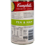 A can of Campbell's Country Ladle Soup Pea & Ham, featuring split peas, ham, and vegetables, 99% fat-free and rich in fiber.